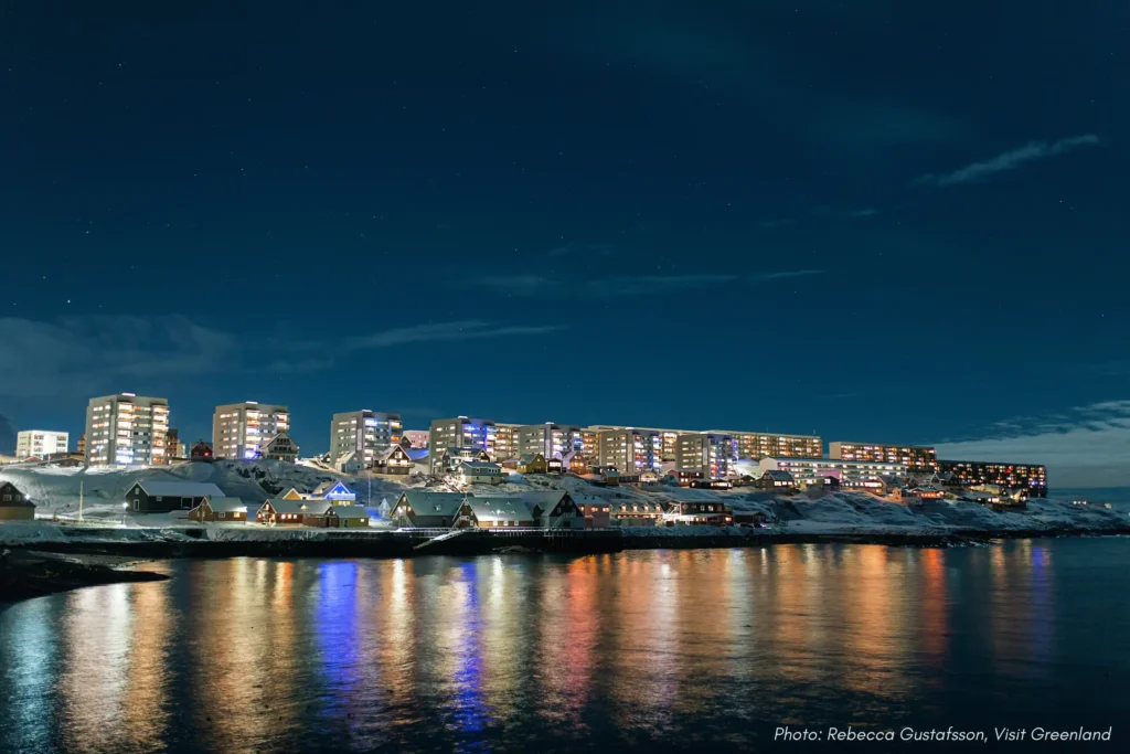 9. Night over colonial harbour, Nuuk. Photo - Rebecca Gustafsson , Visit Greenland