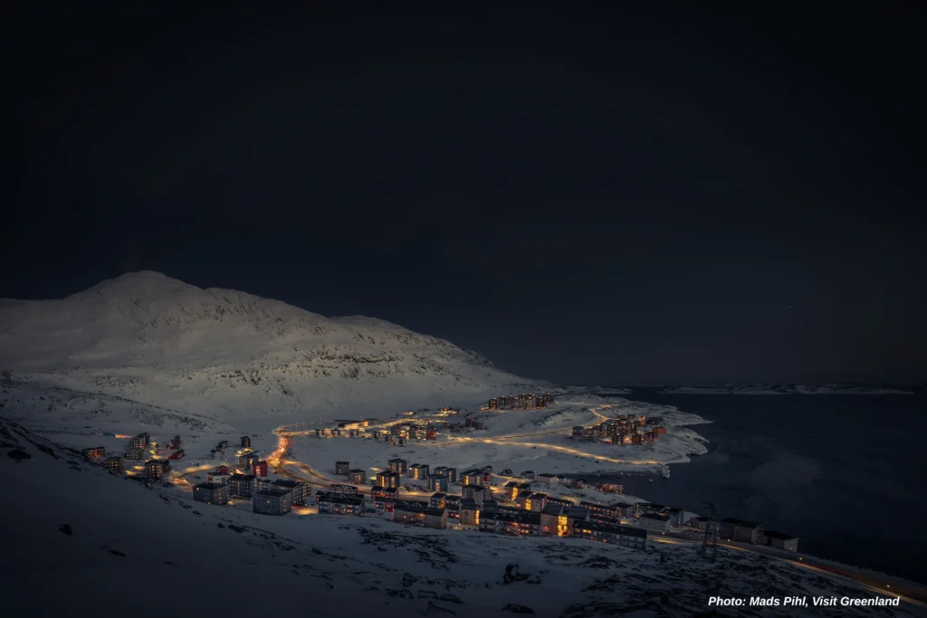 A winter evening view over the Nuuk suburb Qinngorput in Greenland