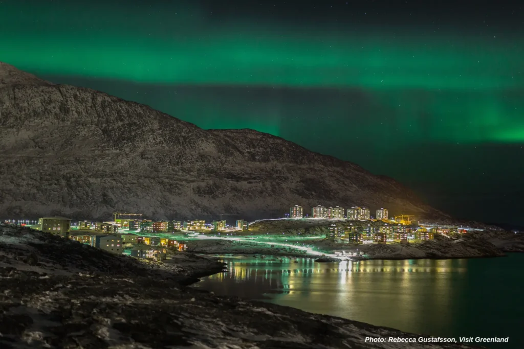 Northern Lights over Qinngorput, Nuuk. Photo - Rebecca Gustafsson , Visit Greenland
