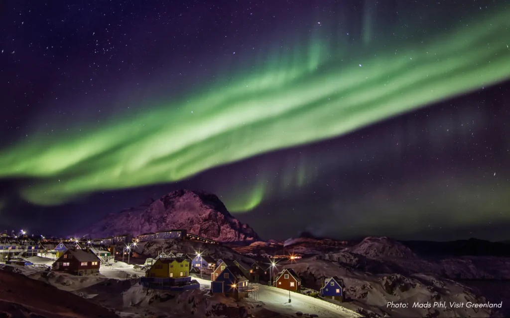 Northern Lights, mountain, and Sisimiut